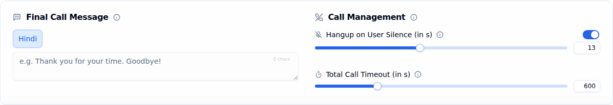 Engine tab Call Management card showing the Hangup on User Silence toggle and slider next to the Final Call Message card