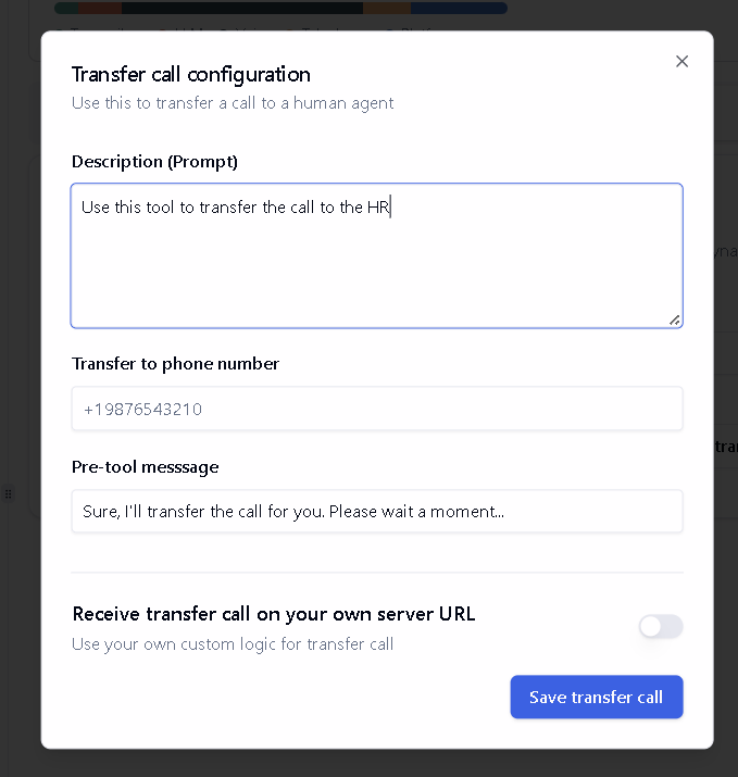 Add transfer call tool interface in Bolna Voice AI Playground showing call routing configuration for human agent handoff