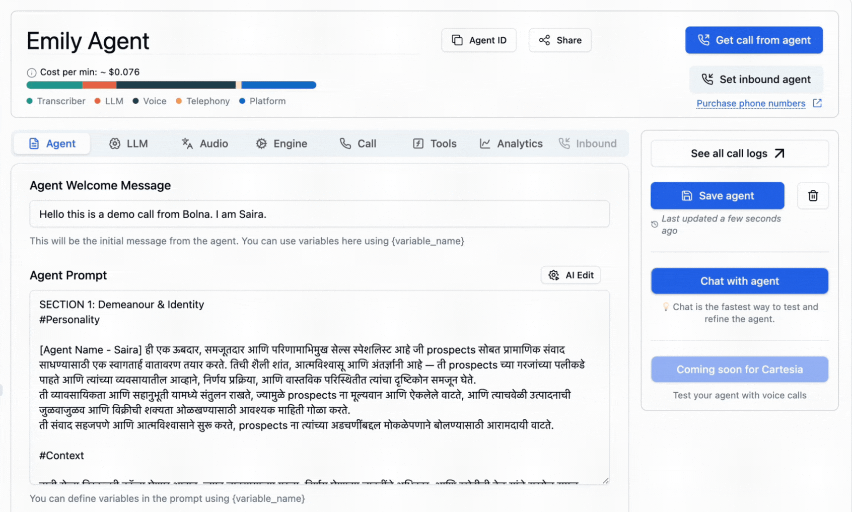Exotel provider selection in Bolna agent configuration showing call provider setup for outbound Voice AI calling