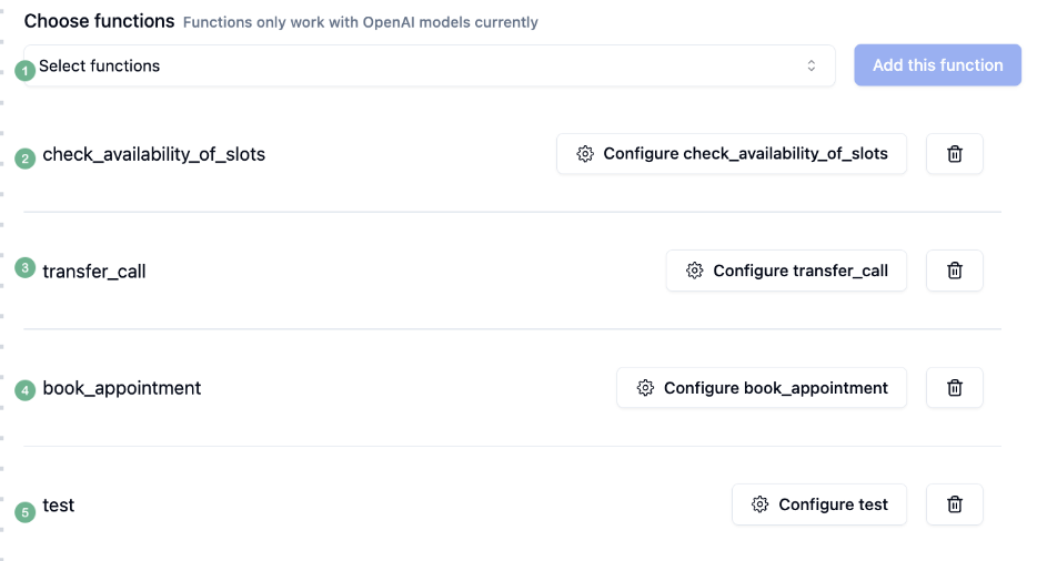 Functions tab in Bolna Playground displaying custom function calls, API integrations, appointment scheduling, call transfer setup, and tool calling configurations for enhanced Voice AI agent capabilities