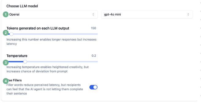 LLM configuration tab in Bolna Playground showing language model selection, provider settings, temperature controls, token limits, and knowledgebase integration options for Voice AI intelligence