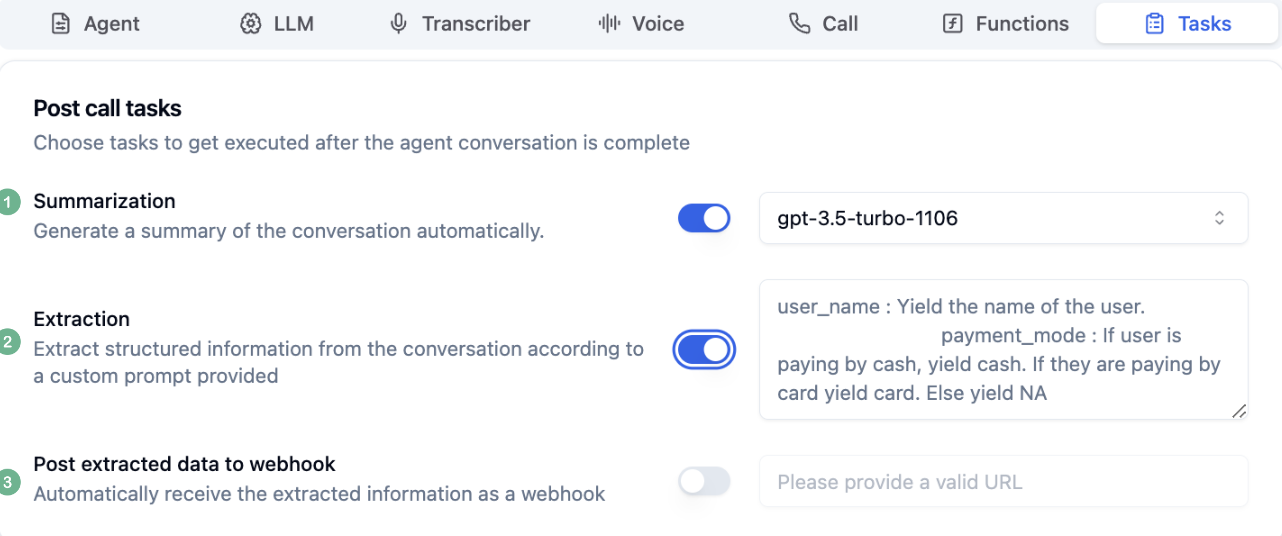 Tasks management interface in Bolna Playground displaying conversation summaries, structured data extraction, evaluation settings, and custom webhook configurations for post-call automation