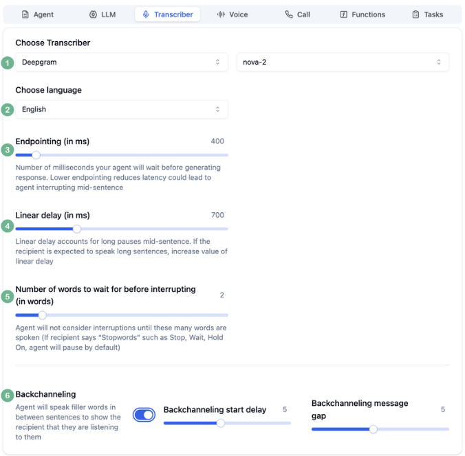 Transcriber configuration tab in Bolna Playground showing speech-to-text provider selection, language settings, endpointing controls, and interruption handling options for Voice AI agents