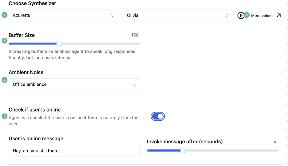 Voice configuration tab in Bolna Playground showing text-to-speech provider options, voice selection, and audio quality settings