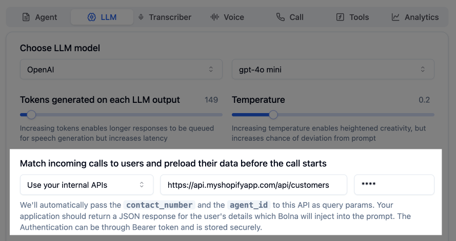 API integration setup for real-time caller identification in Bolna Voice AI showing endpoint configuration for customer data lookup