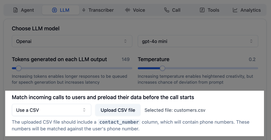 CSV file upload interface in Bolna Voice AI for caller identification showing contact data management for personalized interactions