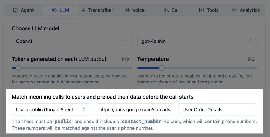 Google Sheets integration in Bolna Voice AI showing real-time caller data synchronization for dynamic customer identification