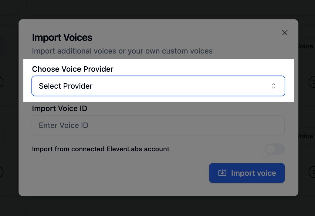 Voice provider selection screen in Bolna showing available external voice services for importing voices into Voice AI agents