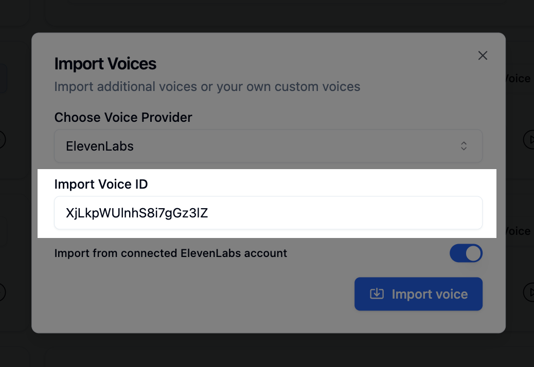 Voice ID input field in Bolna voice import interface for entering and importing provider-specific voice identifier in Bolna