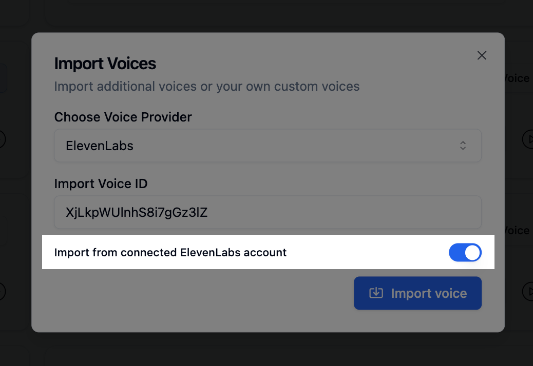 Connected account toggle in Bolna voice import showing option to enable importing custom voices from user's own account