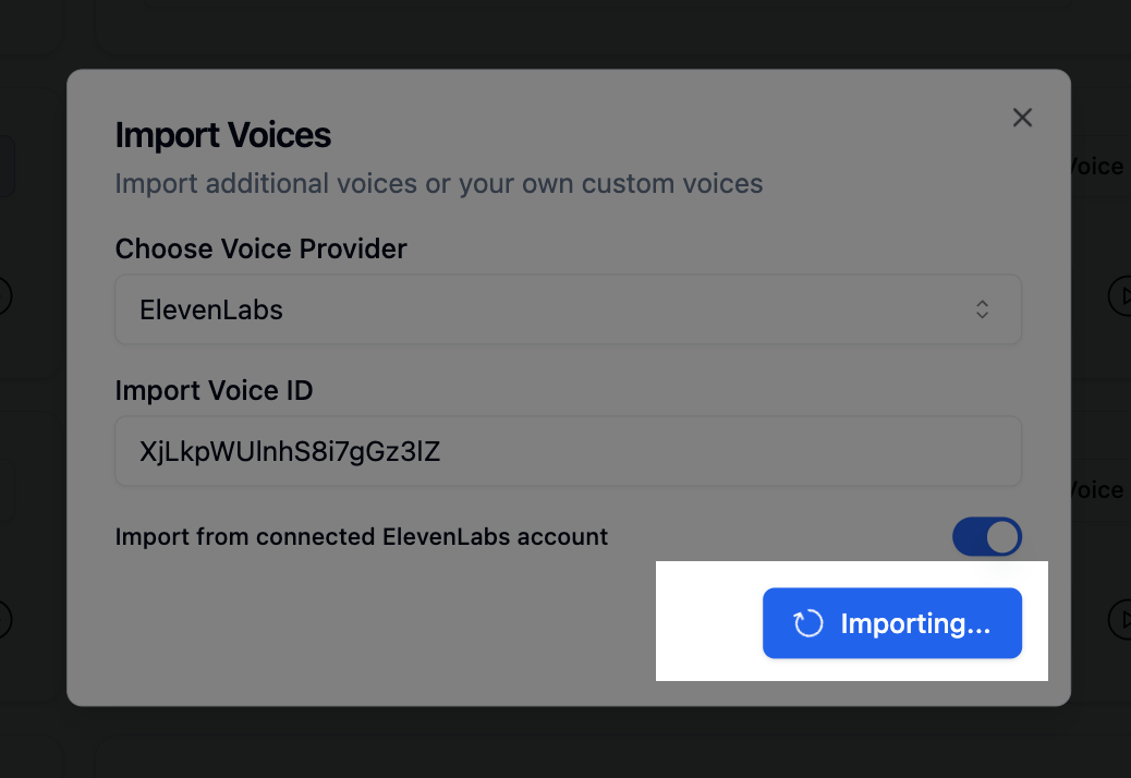 Voice import confirmation screen in Bolna showing the Import button to finalize voice addition to the Bolna Voice AI platform