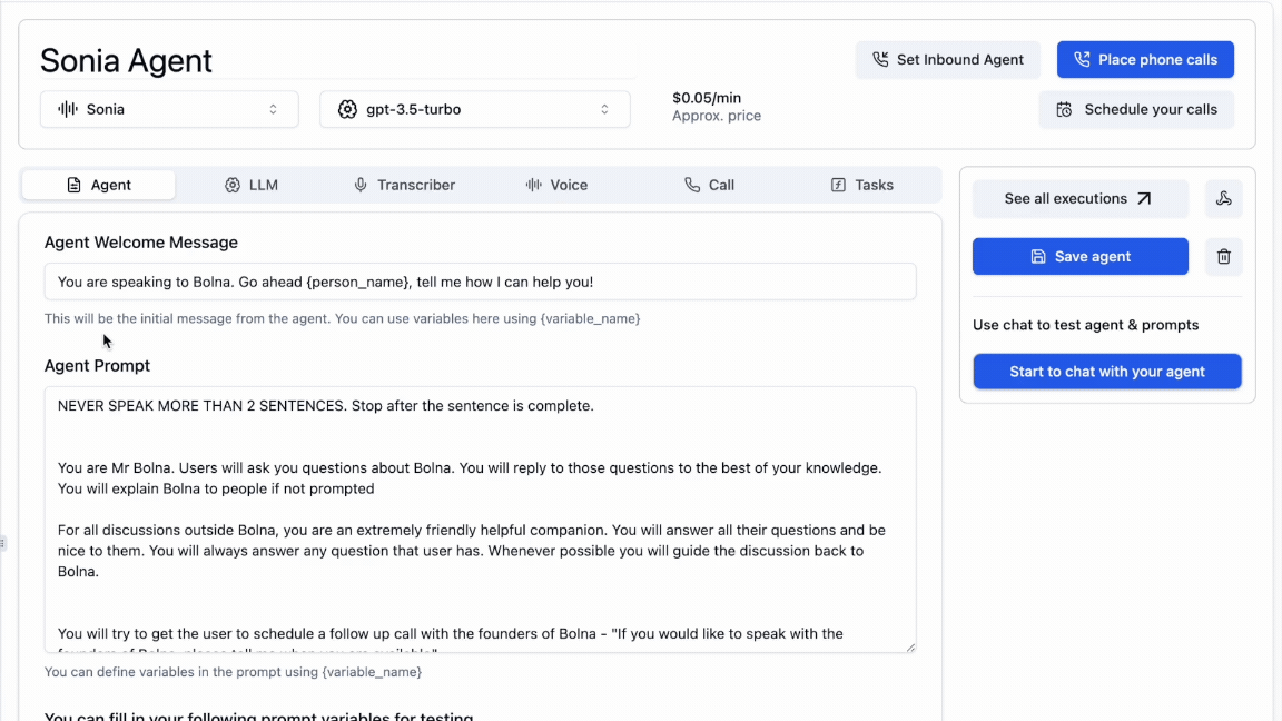 Inbound API URL copying process in Bolna agent configuration for setting up Plivo webhook integration with Voice AI agents