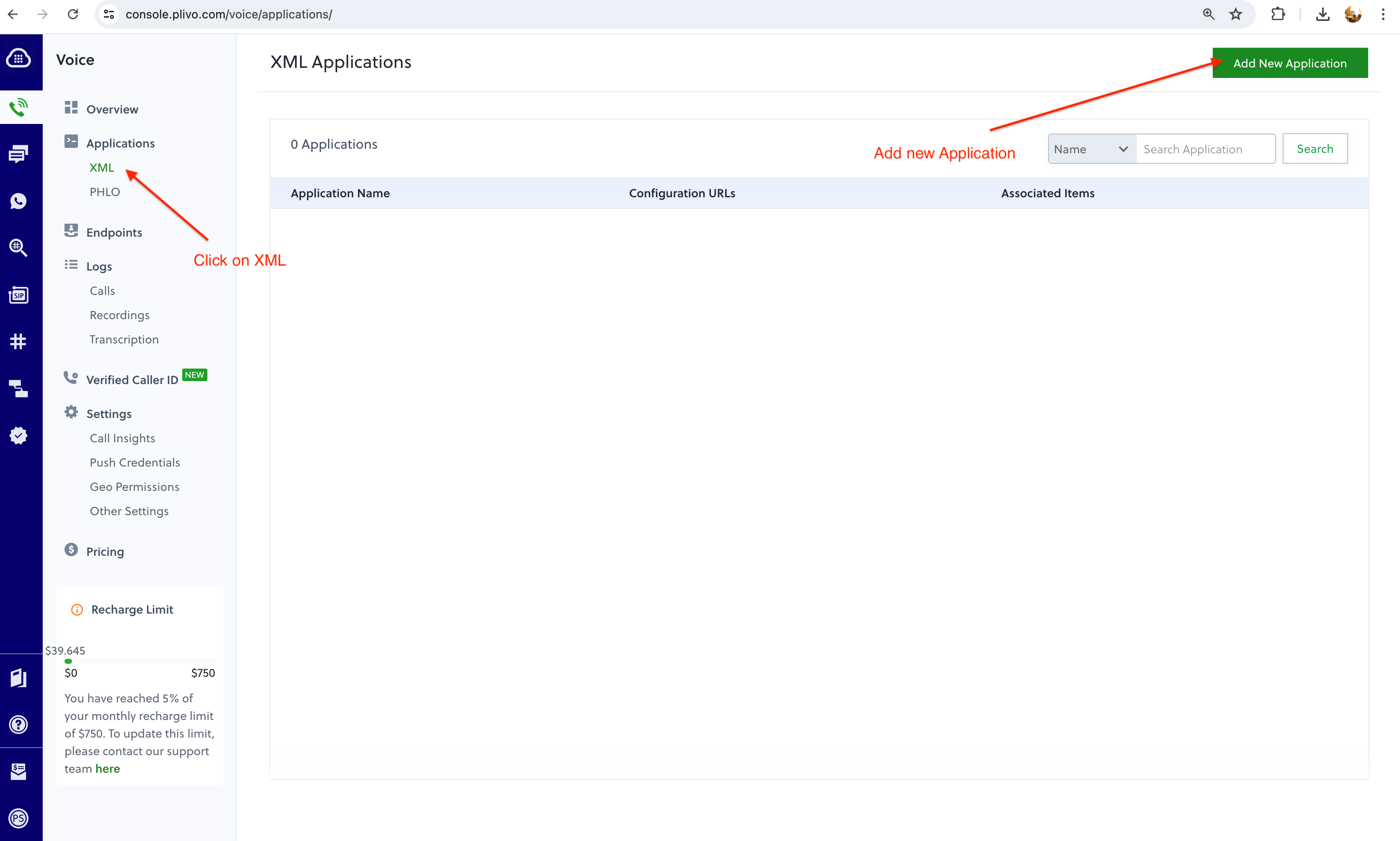 Plivo Console XML Application creation interface showing voice application setup for Bolna Voice AI integration