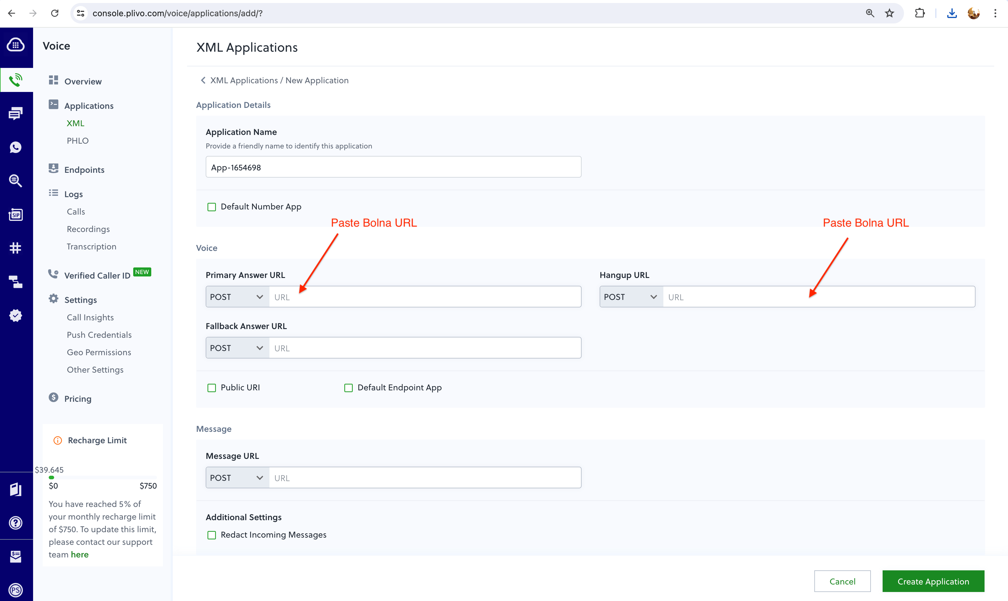 Plivo XML Application configuration showing Primary Answer URL and Hangup URL setup for Bolna Voice AI webhook integration