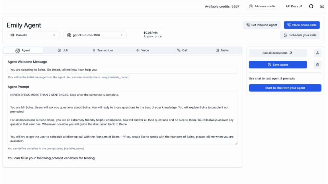 Inbound API URL copying process in Bolna agent configuration for setting up Twilio webhook integration with Voice AI agents