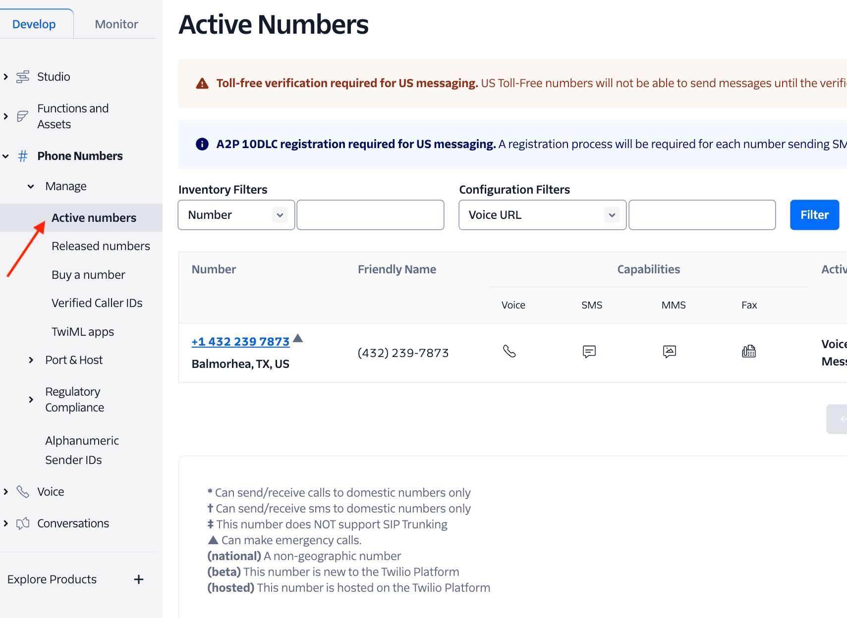 Twilio Console active numbers list showing incoming phone number management interface for Voice AI agent integration
