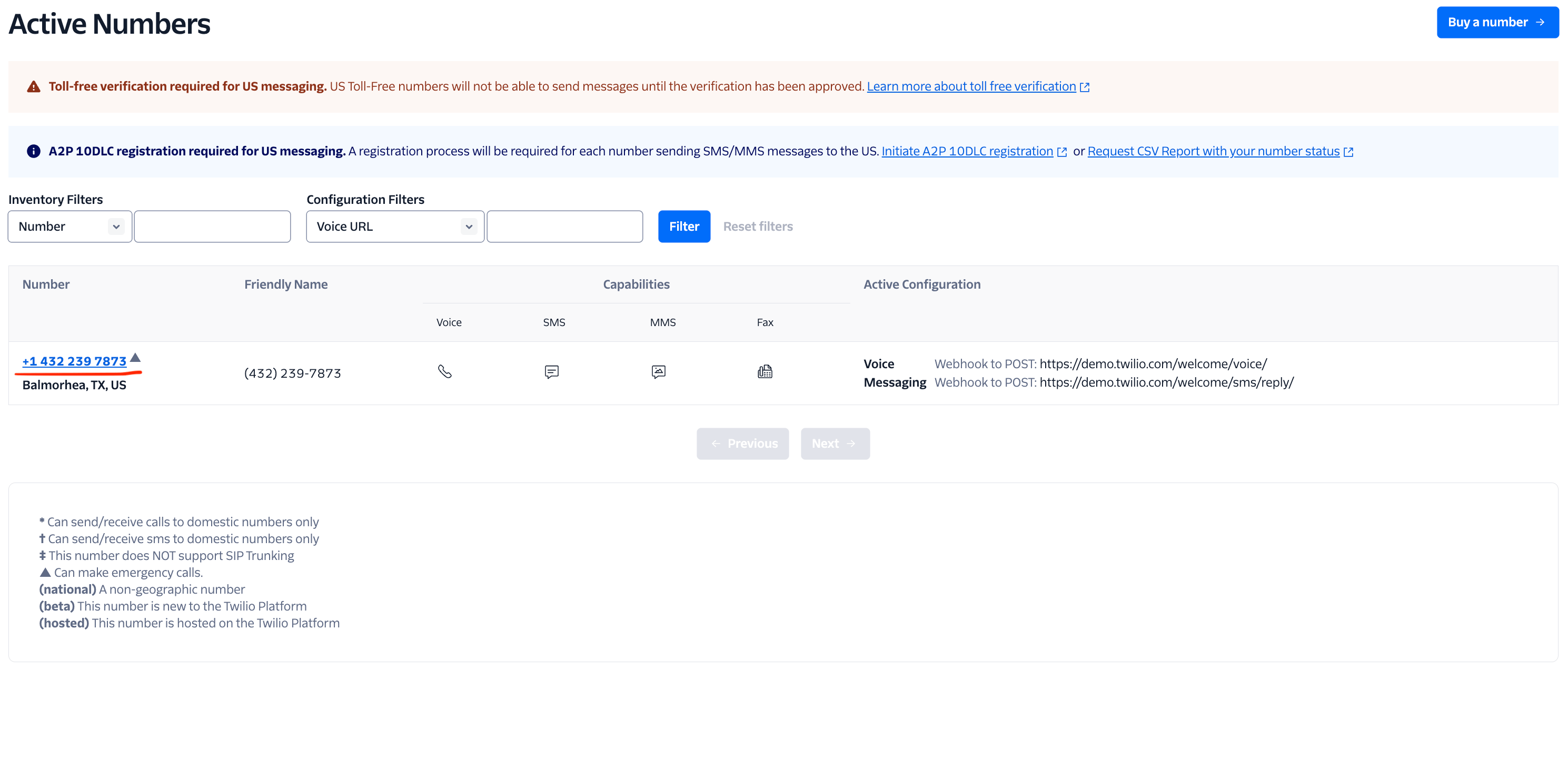 Twilio phone number selection interface showing individual number configuration for Bolna Voice AI agent assignment