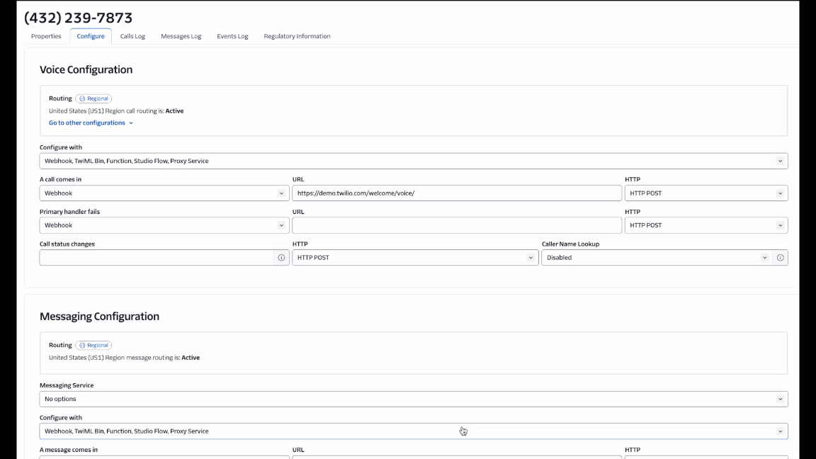 Twilio webhook URL configuration process showing Bolna inbound API setup with POST method for Voice AI call routing