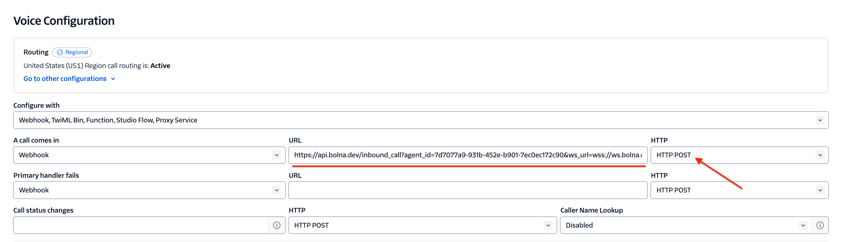 Completed Twilio inbound call configuration showing webhook URL and POST method settings for Bolna Voice AI integration