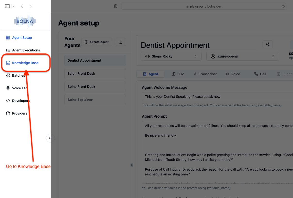 Bolna dashboard navigation showing Knowledge Base tab in the left menu for accessing document management features