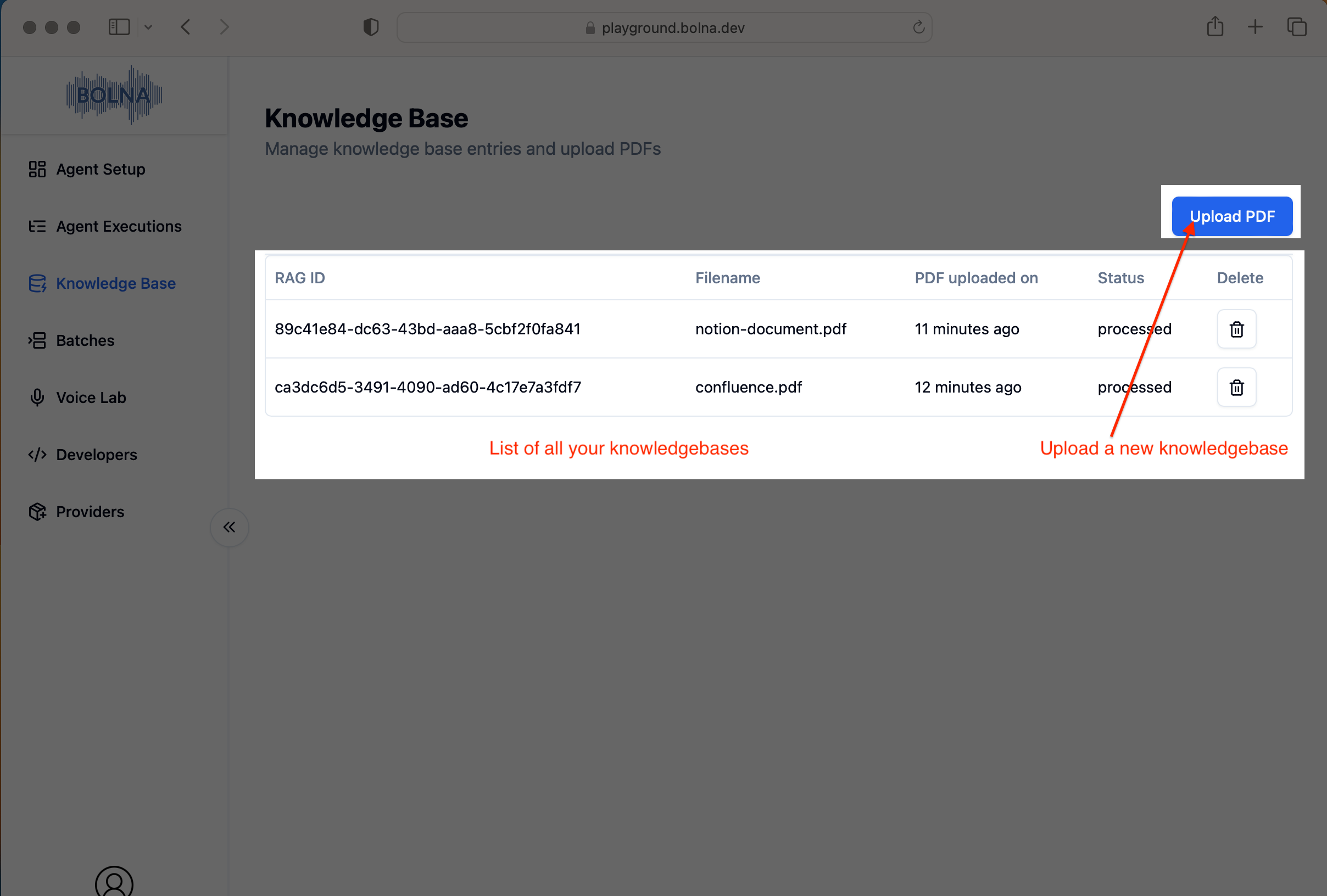 Knowledge Base upload interface in Bolna platform showing the Upload button for ingesting new PDF documents