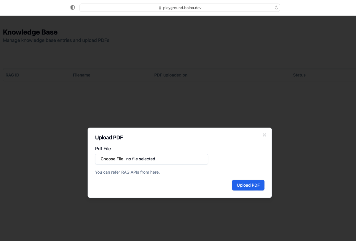 File selection dialog for uploading knowledgebase documents to Bolna Voice AI platform with PDF format support