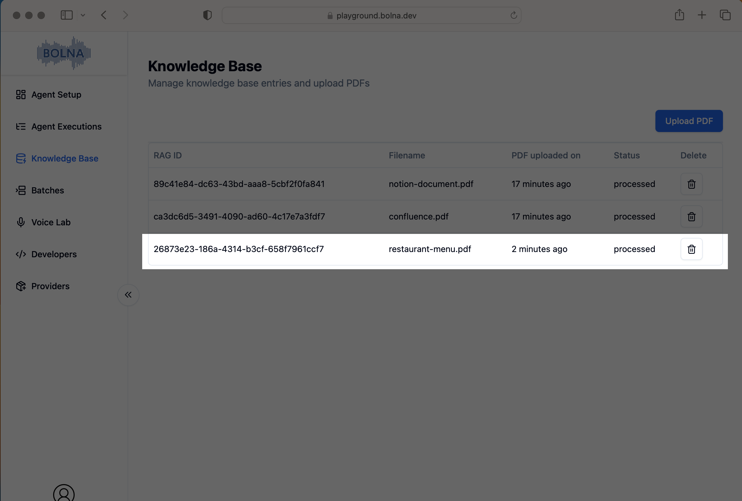 Document processing status screen showing Bolna AI analyzing and indexing uploaded knowledgebase content with LanceDB integration