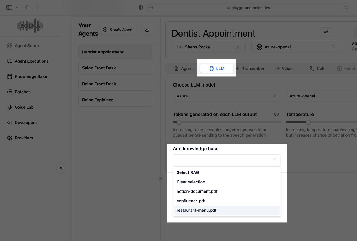 LLM tab in Bolna agent creation interface showing knowledgebase selection dropdown for integrating uploaded documents with Voice AI agents