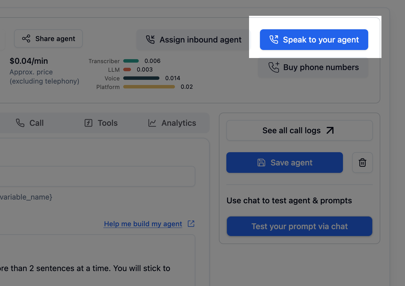 Bolna Voice AI agent interface highlighting the 'Speak to your agent' button for initiating outbound calls from the dashboard