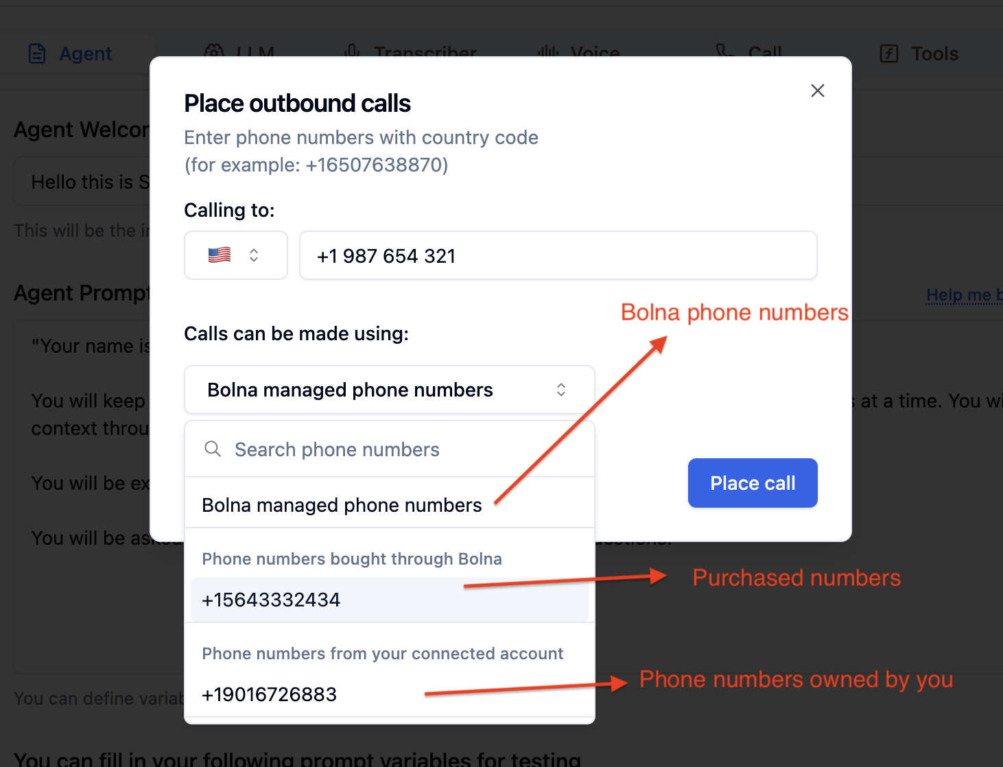 Country selection and phone number configuration in Bolna Voice AI platform for outbound call parameters and caller ID