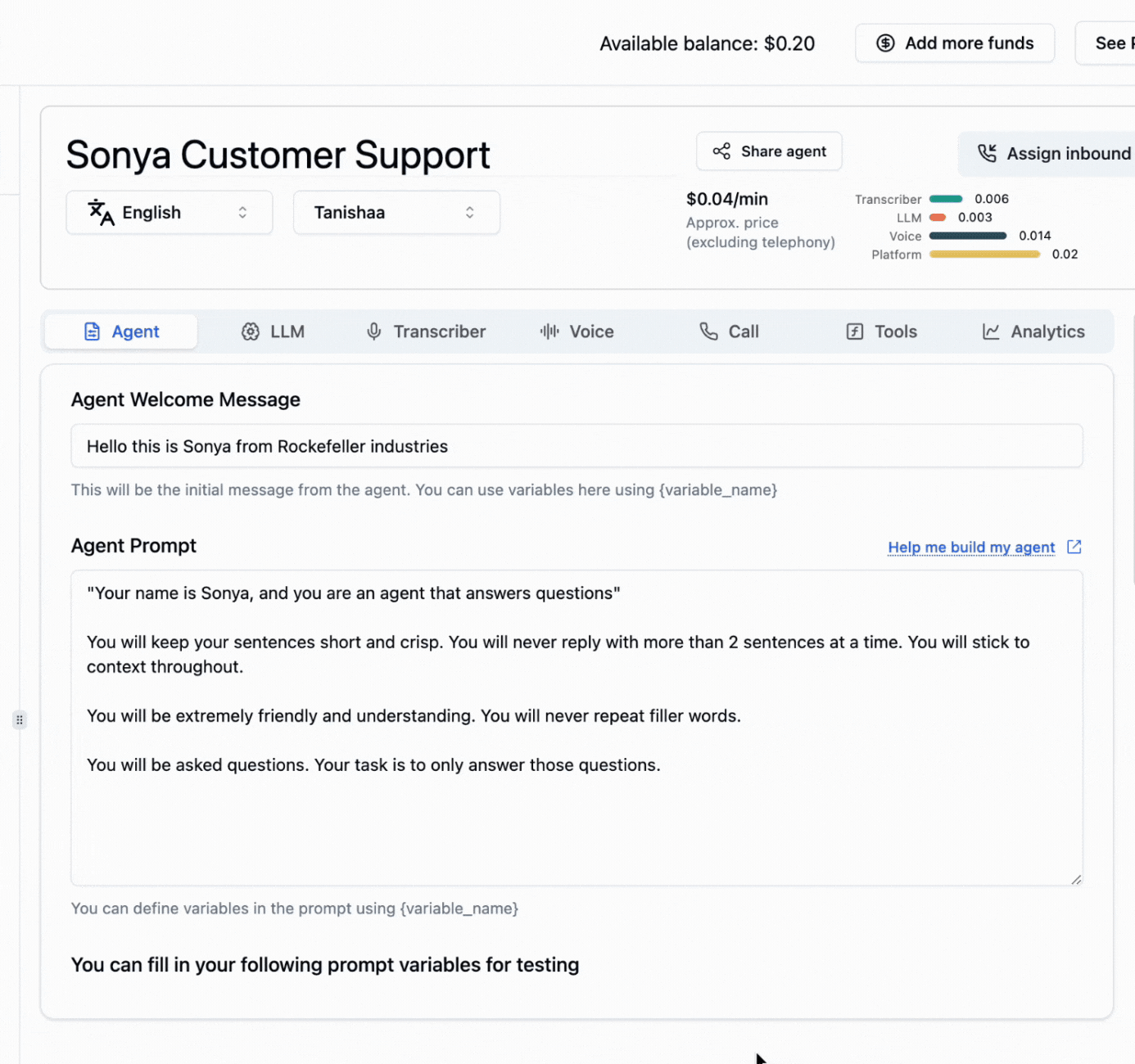 Language selection interface in Bolna dashboard showing multilingual support configuration options for deploying Voice AI agents in 50+ global languages including English, Hindi, Spanish, French, and more