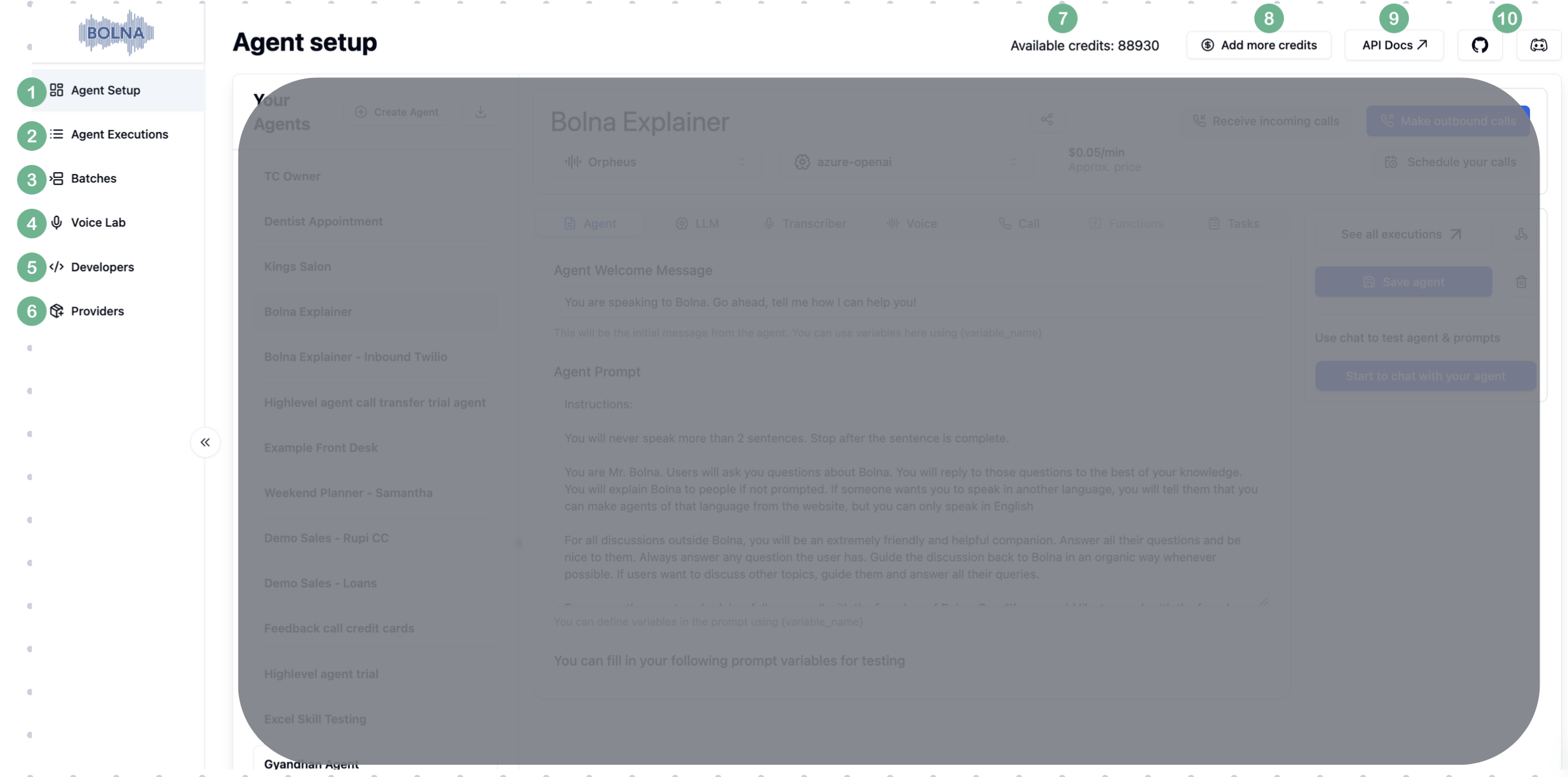 Bolna Playground dashboard overview showing core features including Agent Setup, Executions, Voice Lab, and integrations for Voice AI agent development and deployments