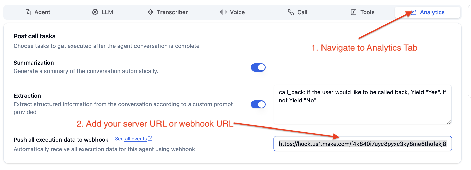 Webhook URL configuration interface in Bolna Voice AI showing server endpoint setup for receiving real-time call status data