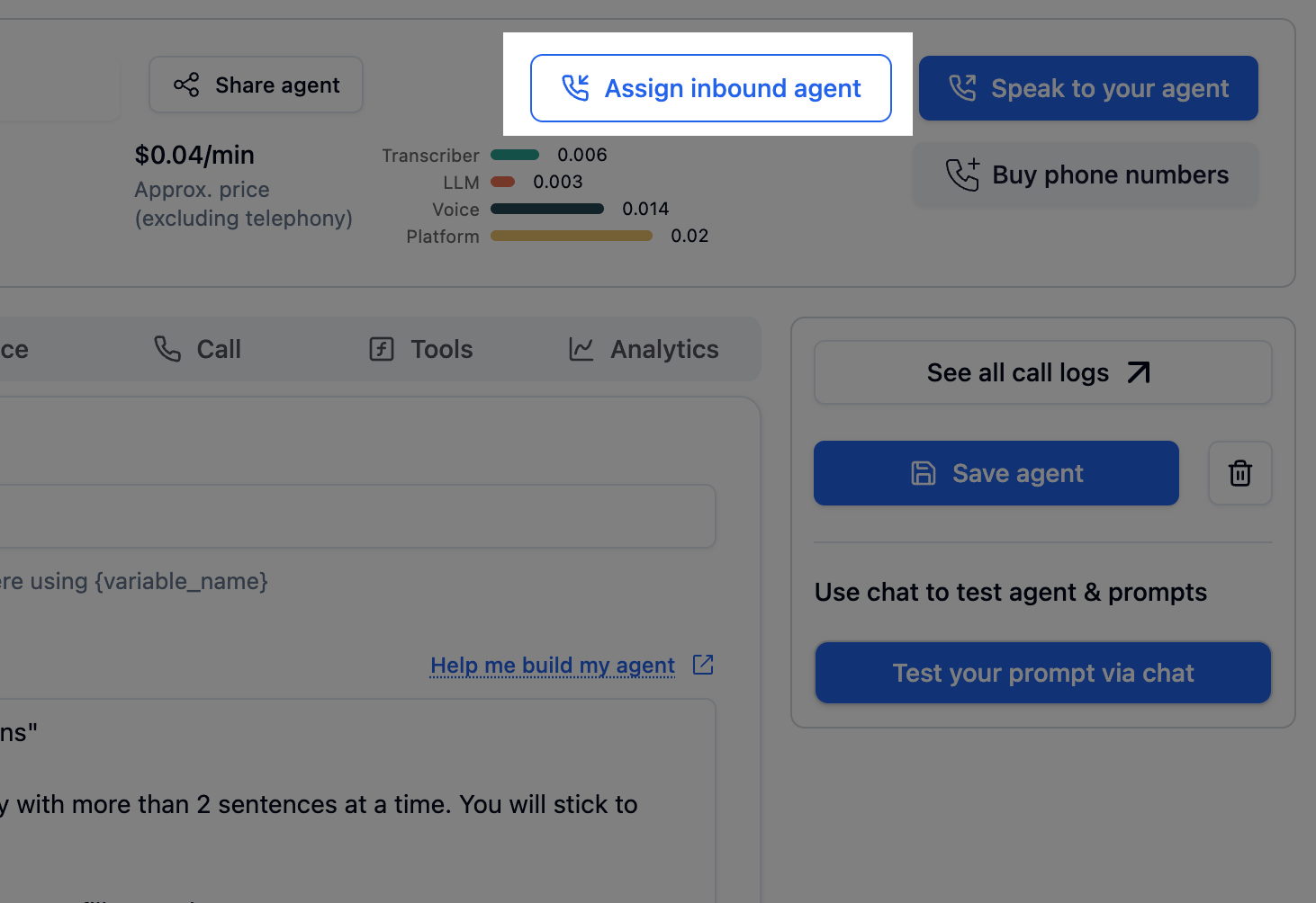 Assign inbound agent button in Bolna dashboard for mapping Voice AI agents to phone numbers for incoming call handling