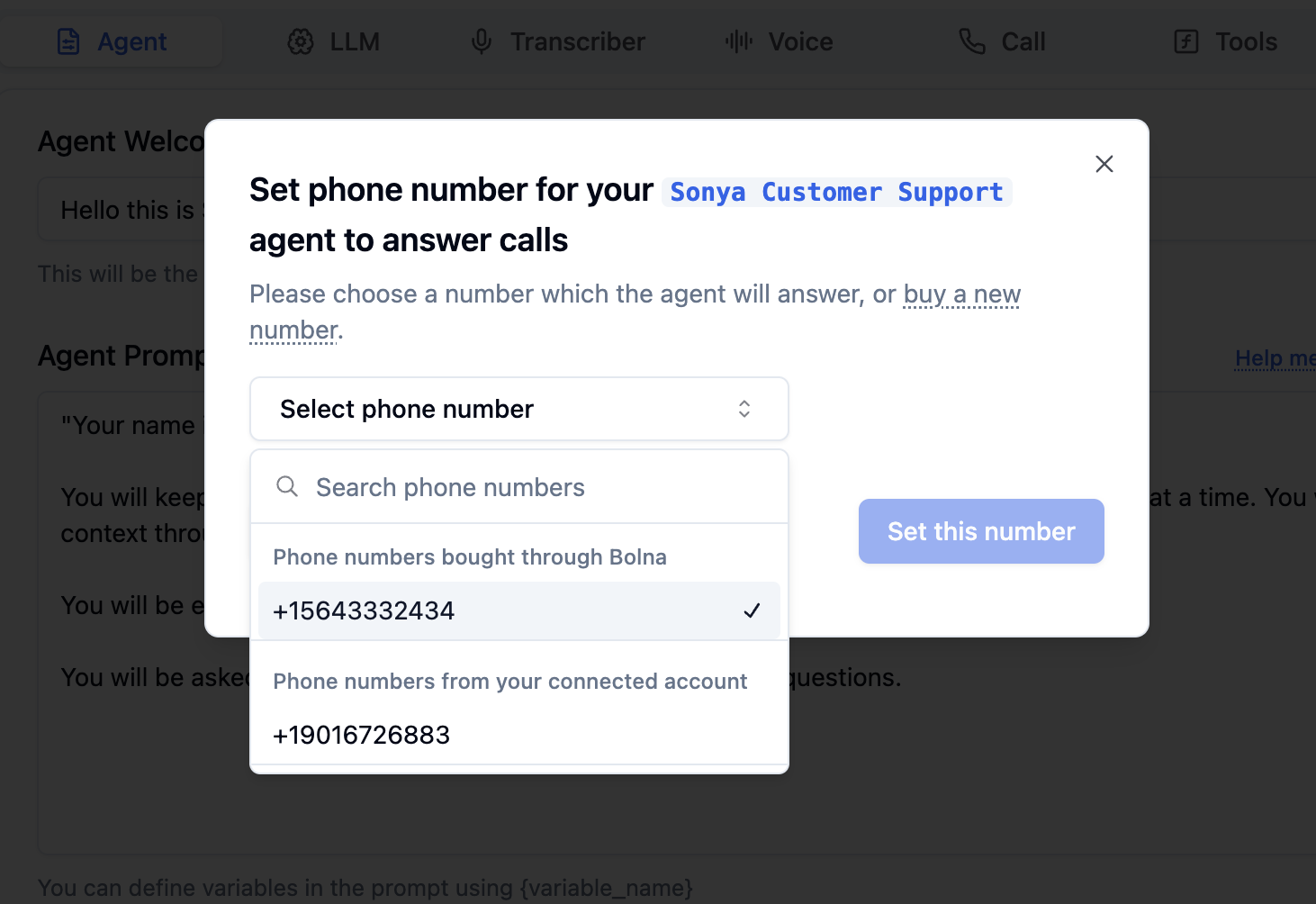 Phone number selection interface in Bolna showing available numbers for Voice AI agent assignment and inbound call routing