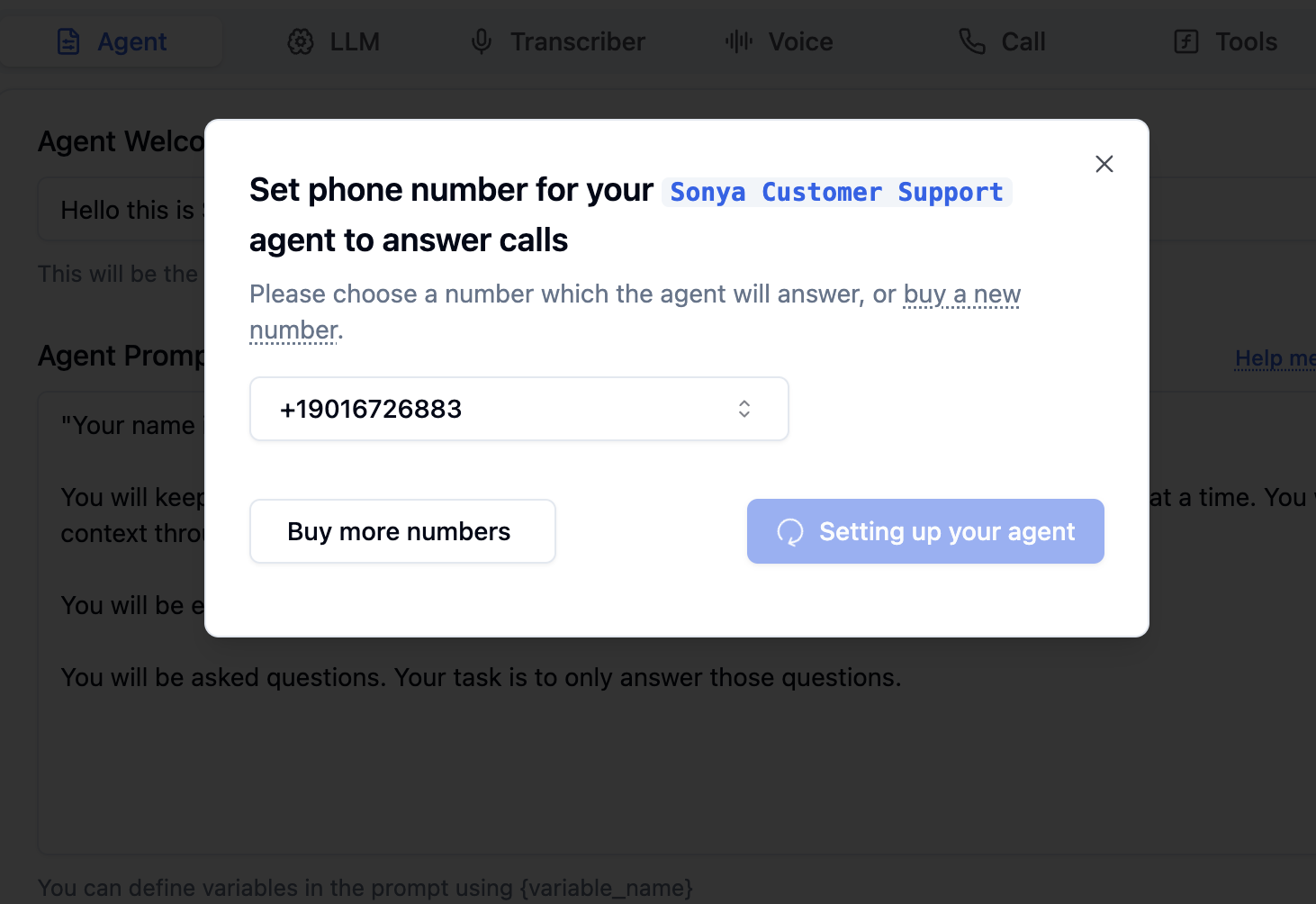 Phone number confirmation screen in Bolna showing agent setup process for inbound Voice AI call handling