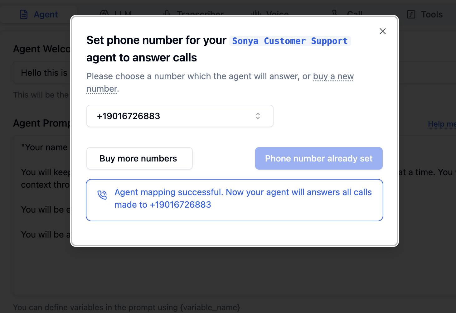 Successful phone number assignment confirmation in Bolna showing completed Voice AI agent setup for answering incoming calls