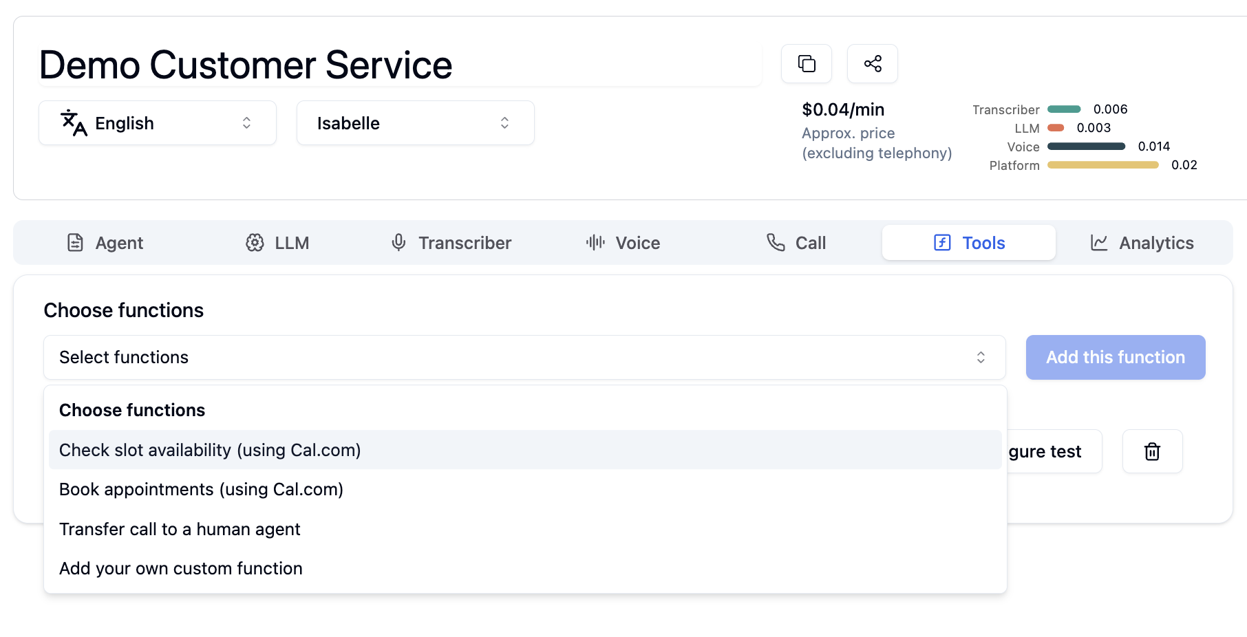 Add check calendar slot availability tool interface in Bolna Voice AI Playground showing Cal.com integration setup