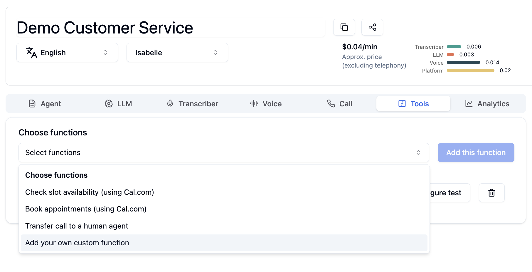 Add custom function tool interface in Bolna Voice AI Playground showing function integration options for enhanced agent capabilities