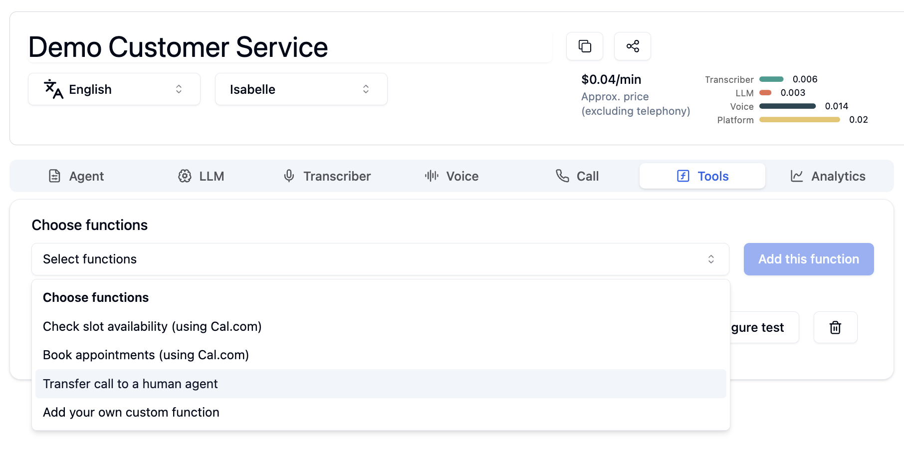 Add transfer call tool interface in Bolna Voice AI Playground showing call routing configuration for human agent handoff