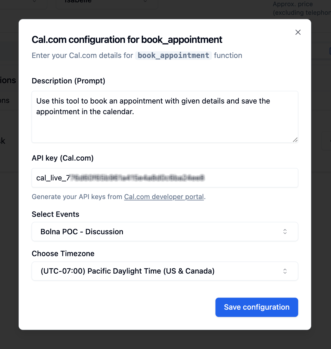 Calendar slot booking configuration in Bolna Voice AI showing Cal.com API integration for automated appointment scheduling