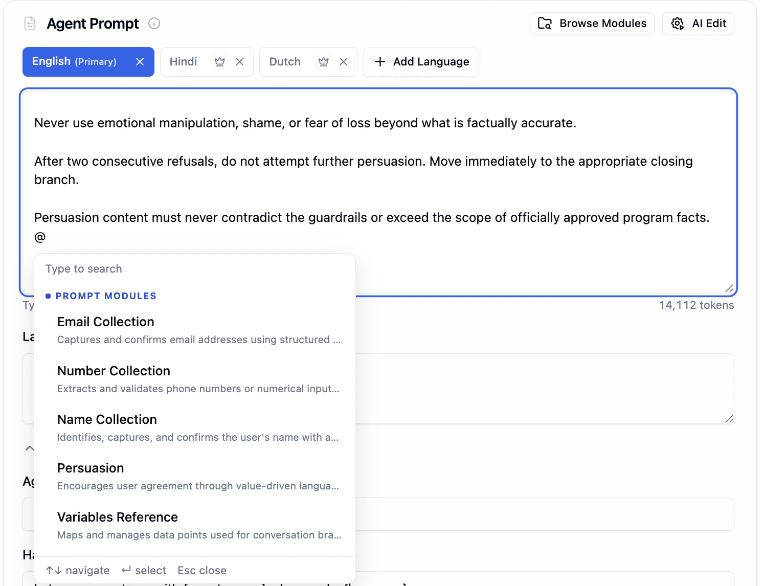 Agent Prompt editor with at-sign dropdown open showing Prompt Modules list including Email Collection, Number Collection, Name Collection, Persuasion, and Variables Reference