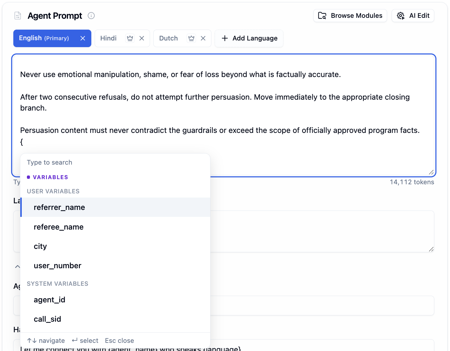 Agent Prompt editor with curly brace dropdown open showing User Variables section with referrer_name, referee_name, city, user_number and System Variables section with agent_id, call_sid