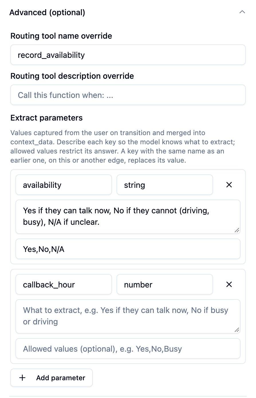Edge inspector with the Advanced (optional) section open, showing the Extract parameters list: an availability parameter of type string with a What to extract definition and the allowed values Yes,No,N/A, a callback_hour parameter of type number with both fields empty, and an Add parameter button