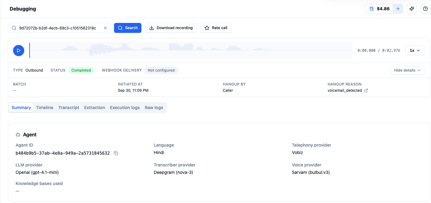 Debugging page with an execution ID search box, Search, Download recording and Rate call buttons, a recording player, call type, status, webhook delivery, batch, initiated at, hangup by and hangup reason, and Summary, Timeline, Transcript, Extraction, Execution logs and Raw logs tabs