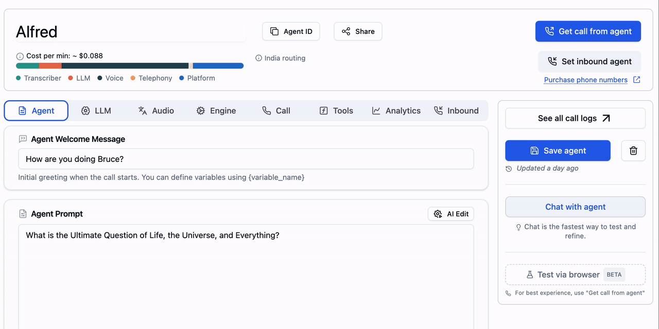 Vobiz provider selection in Bolna agent configuration showing call provider setup for outbound Voice AI calling