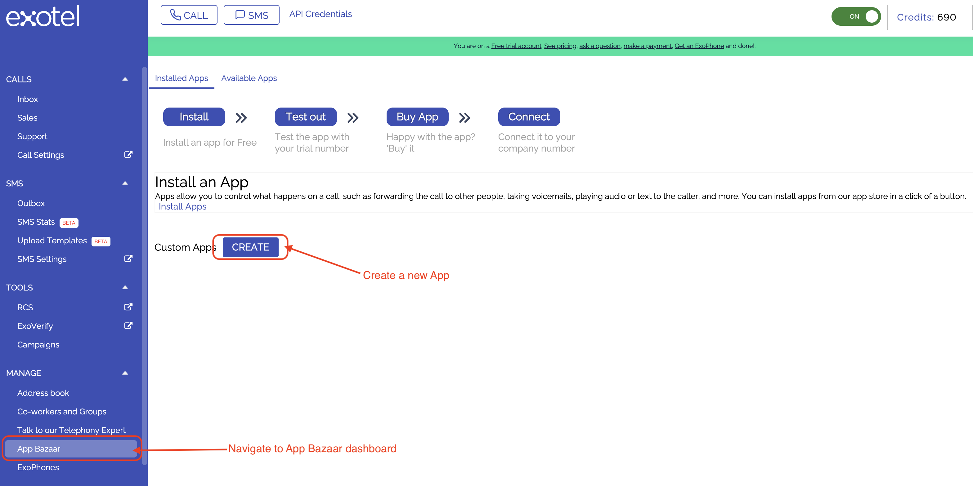 Exotel dashboard highlighting the App Bazaar menu option under Manage section for creating Bolna Voice AI inbound calling applications