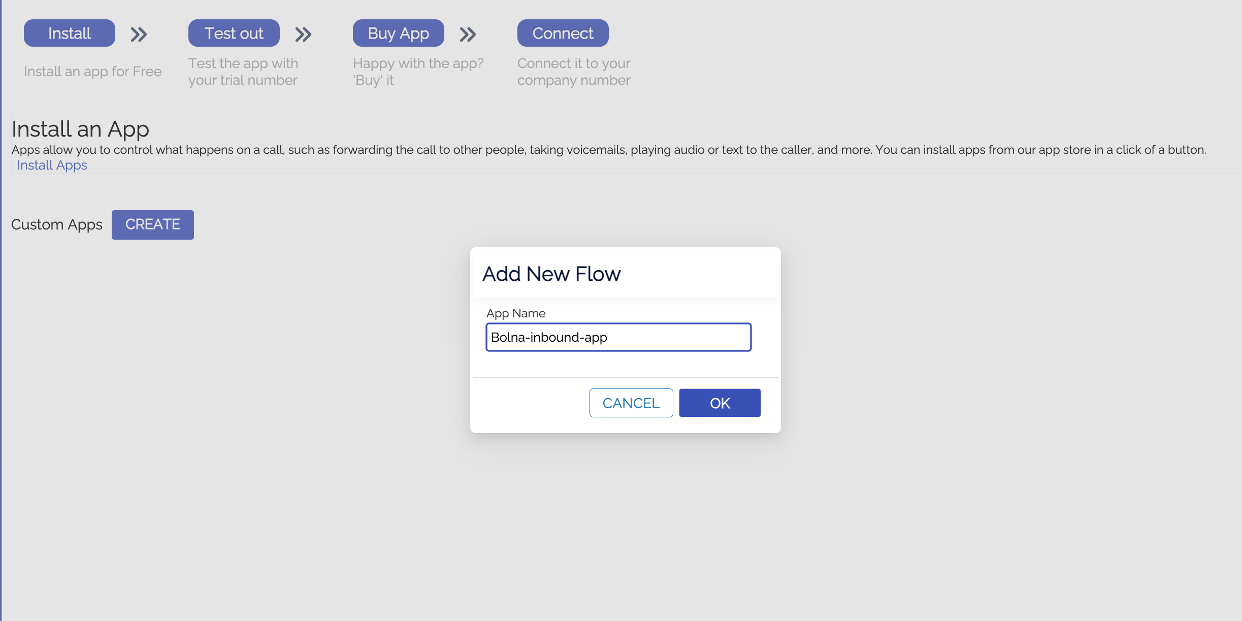 Exotel app creation interface showing name input field where users configure Bolna AI inbound calling application settings