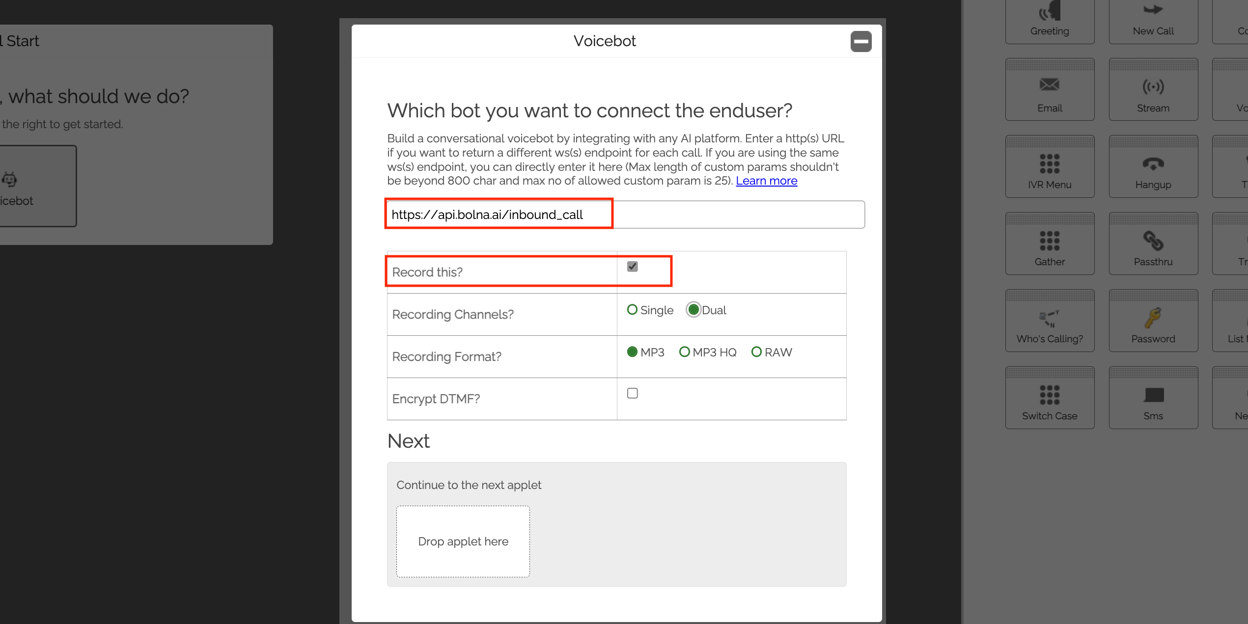 Exotel Voicebot settings showing Bolna API callback URL configuration for inbound AI calling setup
