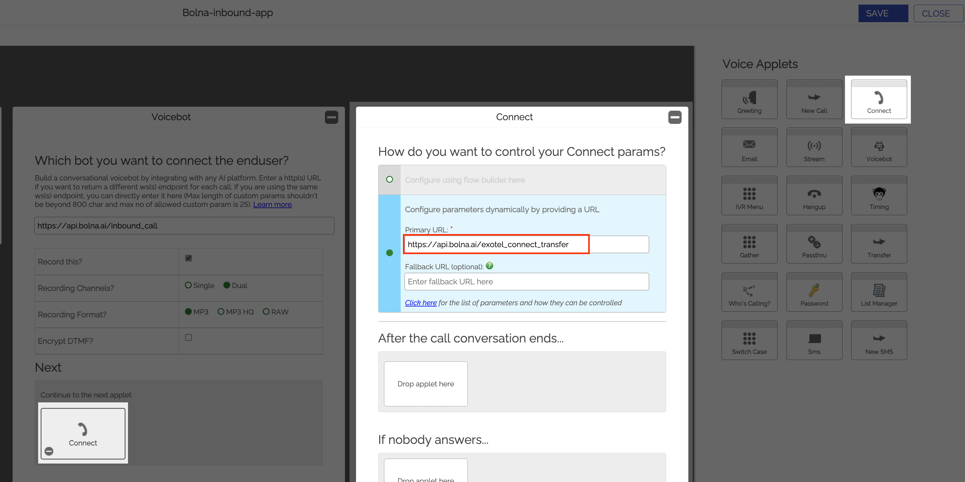 Exotel Connect app settings showing dynamic URL configuration for Bolna call transfer functionality and call routing setup